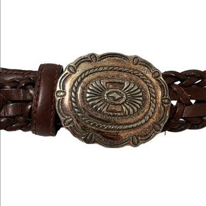 Brown Woven Leather Belt with Silver Copper Looking Buckle